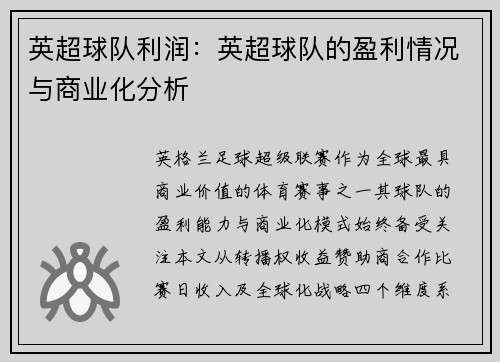 英超球队利润：英超球队的盈利情况与商业化分析