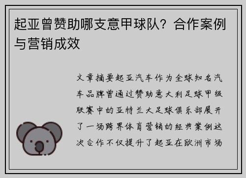 起亚曾赞助哪支意甲球队？合作案例与营销成效
